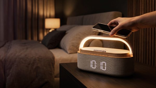 Bluetooth стерео-колонка "Smart Band" 10Вт (2х5Вт) с беспроводным (15W) ЗУ, лампой, часами, FM радио - Bluetooth стерео-колонка "Smart Band" 10Вт (2х5Вт) с беспроводным (15W) ЗУ, лампой, часами, FM радио бежевый