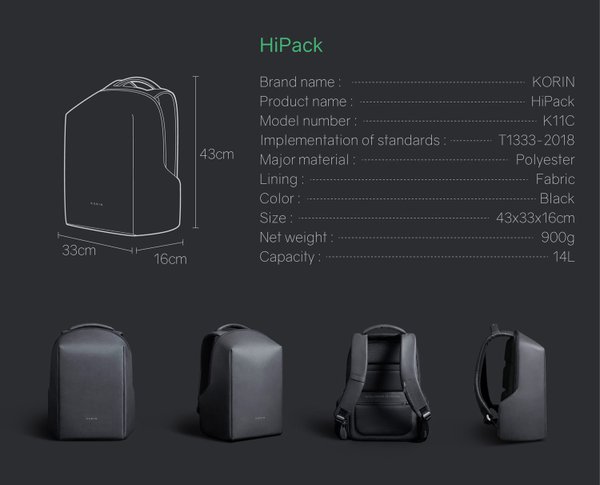 Рюкзак KORIN HiPack 43х33х16 см, черный - Рюкзак KORIN HiPack 43х33х16 см, черный