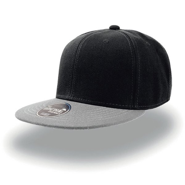 Бейсболка SNAP BACK, 6 клиньев, пластиковая застежка - Бейсболка "SNAP BACK", 6 клиньев, пластик. застежка, черный с серым, 100% п/э,100% х/б, 400 гр/м2