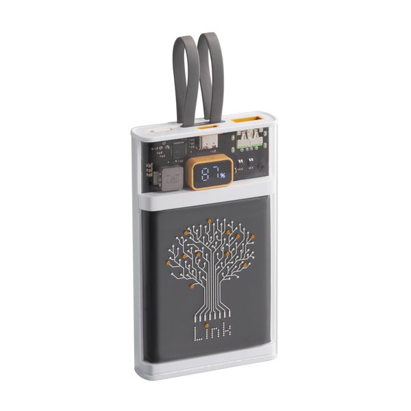 Зарядное (22.5W) устройство "Link" 10000 mAh с прозрачным корпусом, цифровым индикатором заряда и встроенными Type-C/Lightning кабелями - Зарядное (22.5W) устройство "Link" 10000 mAh с прозрачным корпусом, цифровым индикатором заряда и встроенными Type-C/Lightning кабелями белый/черный