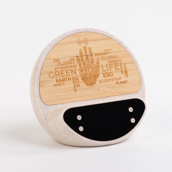 Настольные часы "Smiley" с беспроводным (10W) зарядным устройством и будильником, пшеница/бамбук/пластик - Настольные часы "Smiley" с беспроводным (10W) зарядным устройством и будильником, пшеница/бамбук/пластик бежевый