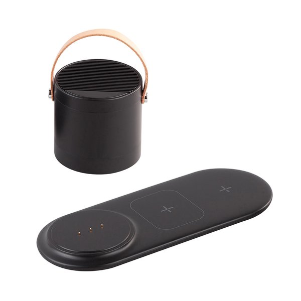 Настольная беспроводная (15W) зарядная станция "Blacksmith" с bluetooth колонкой с подсветкой логотипа - Настольная беспроводная (15W) зарядная станция "Blacksmith" с bluetooth колонкой с подсветкой логотипа черный