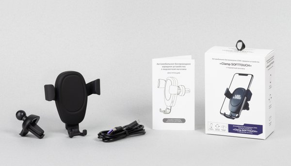 Автомобильное беспроводное (10W) зарядное устройство "Clamp SOFTTOUCH" с подсветкой логотипа, покрытие soft touch - Автомобильное беспроводное (10W) зарядное устройство "Clamp SOFTTOUCH" с подсветкой логотипа, покрытие soft touch черный