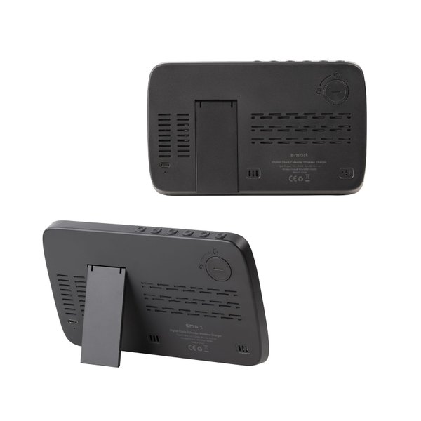 Настольные часы "Smart Screen" с беспроводным (15W) зарядным устройством, гигрометром, термометром, календарём, с подсветкой логотипа - Настольные часы "Smart Screen" с беспроводным (15W) зарядным устройством, гигрометром, термометром, календарём, с подсветкой логотипа черный