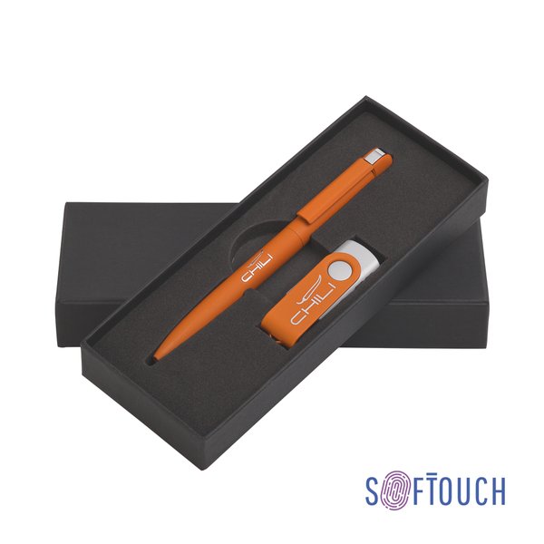 Набор ручка + флеш-карта 16 Гб в футляре, покрытие soft touch - Набор ручка + флеш-карта 16 Гб в футляре, покрытие soft touch оранжевый
