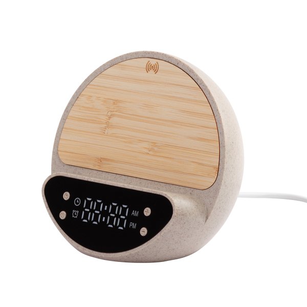 Настольные часы "Smiley" с беспроводным (10W) зарядным устройством и будильником, пшеница/бамбук/пластик - Настольные часы "Smiley" с беспроводным (10W) зарядным устройством и будильником, пшеница/бамбук/пластик бежевый