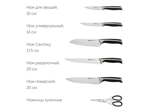 Набор из 5 кухонных ножей, ножниц и блока для ножей с ножеточкой «URSA» - Набор из 5 кухонных ножей, ножниц и блока для ножей с ножеточкой «URSA»