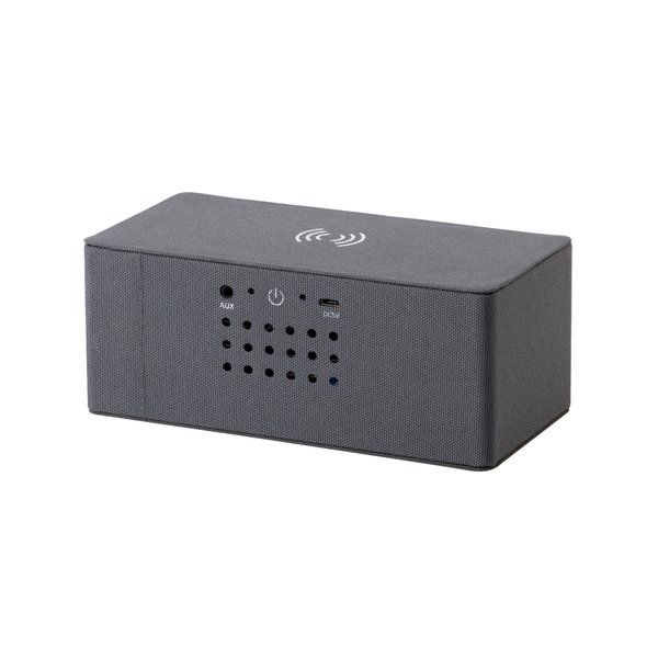 Bluetooth колонка "Cool Gray" с двумя динамиками (2х3Вт) и беспроводным зарядным устройством, переработанный пластик (RPET) - Bluetooth колонка "Cool Gray" с двумя динамиками (2х3Вт) и беспроводным зарядным устройством, переработанный пластик (RPET) серый