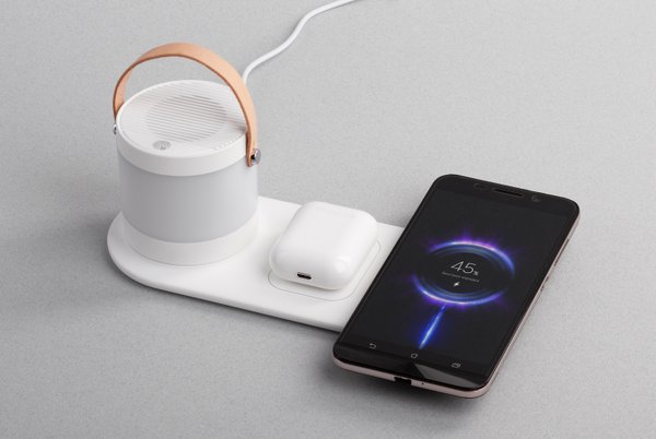 Настольная беспроводная (15W) зарядная станция "Smart Home" с bluetooth колонкой-лампой - Настольная беспроводная (15W) зарядная станция "Smart Home" с bluetooth колонкой-лампой белый