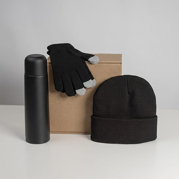 Набор подарочный GET WARM: перчатки, шапка, термос; красный - Набор подарочный GET WARM: перчатки, шапка, термос; черный