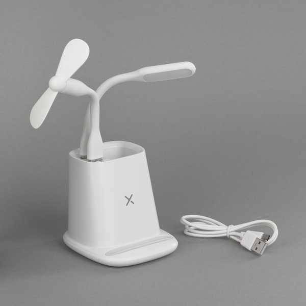 Карандашница "Smart Stand" с беспроводным зарядным устройством, вентилятором и лампой (2USB разъёма) - Карандашница "Smart Stand" с беспроводным зарядным устройством, вентилятором и лампой (2USB разъёма) белый