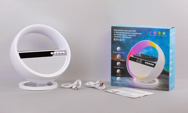 Bluetooth колонка "Smart Orb" 5Вт с беспроводным (15W) ЗУ, лампой, часами, FM радио - Bluetooth колонка "Smart Orb" 5Вт с беспроводным (15W) ЗУ, лампой, часами, FM радио белый