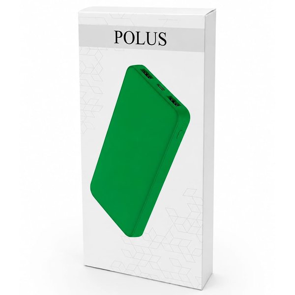 Внешний аккумулятор Polus, 10000 Mah, софт-тач покрытие - Внешний аккумулятор Polus, 10000 Mah, софт-тач покрытие, зеленый