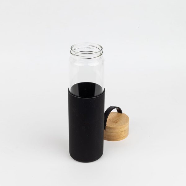 Бутылка стеклянная с силиконовой манжетой и бамбуковой крышкой Glass - Бутылка стеклянная с силиконовой манжетой и бамбуковой крышкой Glass, черная
