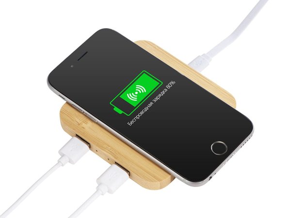 USB-хаб с беспроводной зарядкой из бамбука «Plato», 5 Вт - USB-хаб с беспроводной зарядкой из бамбука «Plato», 5 Вт