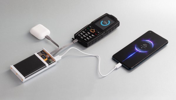 Зарядное (22.5W) устройство "Link" 10000 mAh с прозрачным корпусом, цифровым индикатором заряда и встроенными Type-C/Lightning кабелями - Зарядное (22.5W) устройство "Link" 10000 mAh с прозрачным корпусом, цифровым индикатором заряда и встроенными Type-C/Lightning кабелями белый/черный